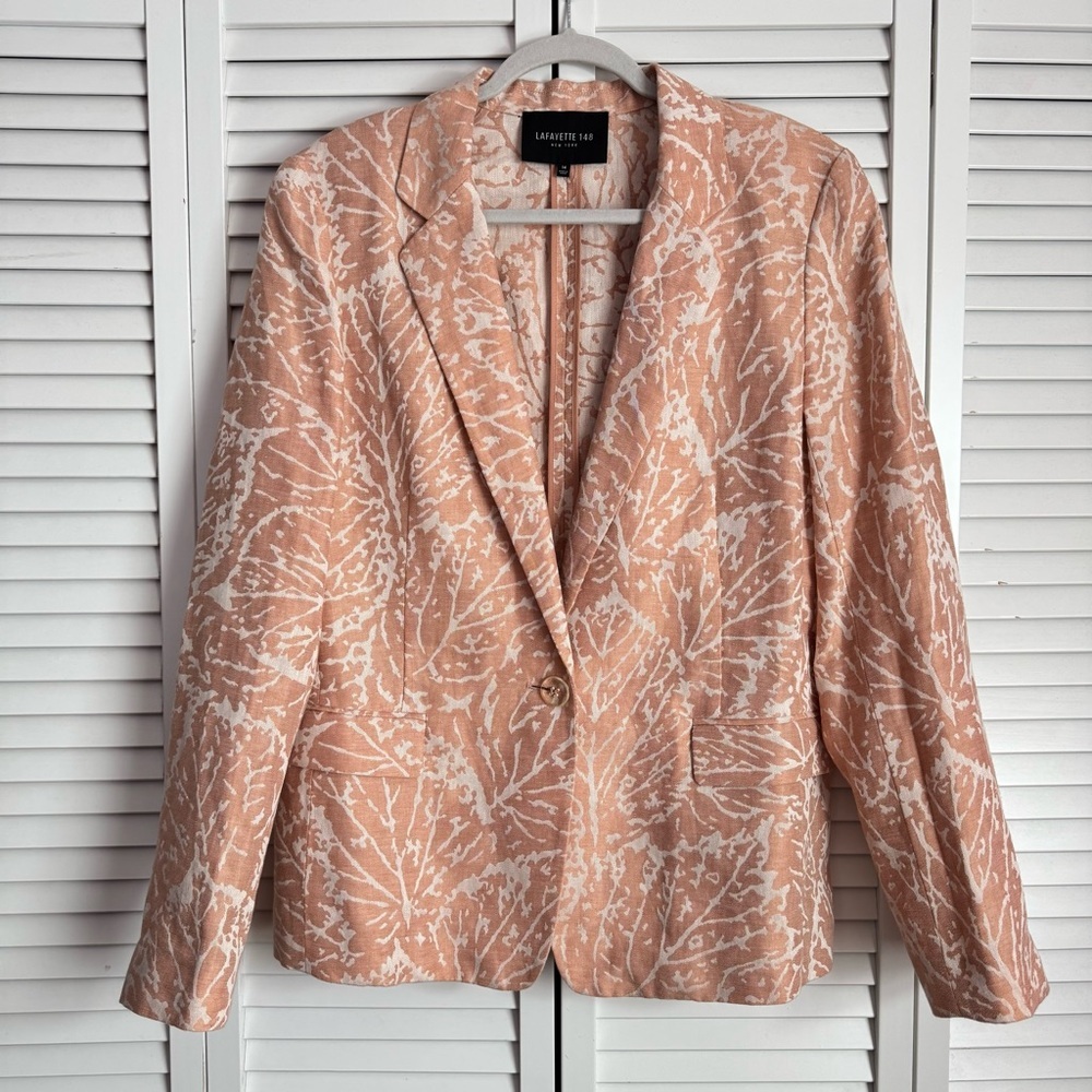 Lafayette 148‎ Lyndon Linen Jacquard Blazer Jacket Pink Blush Luxury Size 14